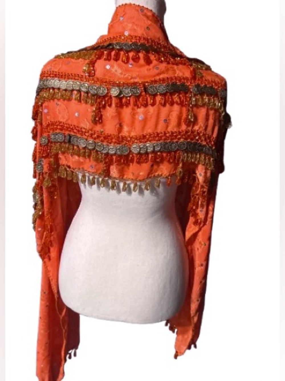 Vintage Belly Dancing Scarf Beaded Coins Floral Orange Red Fringe Shawl - Picture 11 of 12
